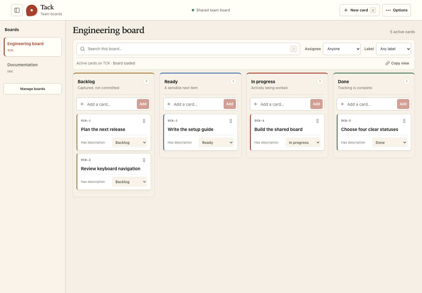 Tack board showing cards organized into four status columns, with board navigation on the left
